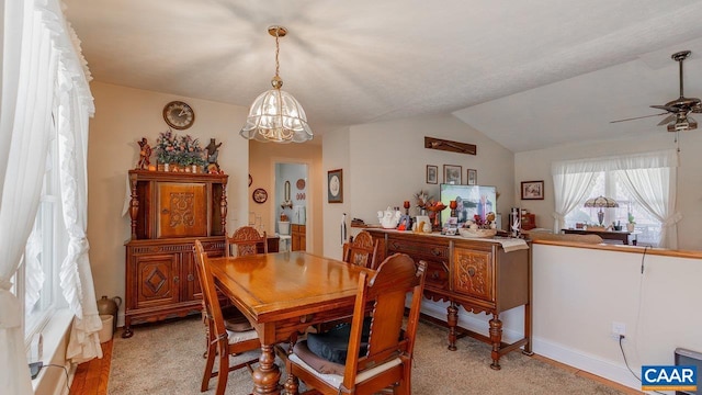 2273 Bloomer Springs Rd, Mcgaheysville, VA 22840 - dining room with vaulted ceiling and ceiling fan with notable chandelier