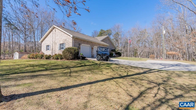 2273 Bloomer Springs Rd, Mcgaheysville, VA 22840 - view of side of home with driveway, an attached garage, brick siding, and a lawn