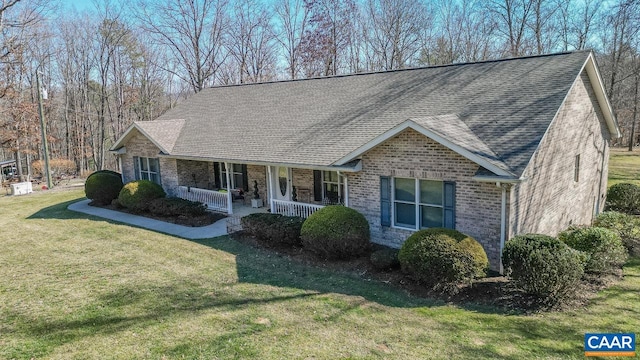 2273 Bloomer Springs Rd, Mcgaheysville, VA 22840 - ranch-style home with covered porch, brick siding, roof with shingles, and a front yard