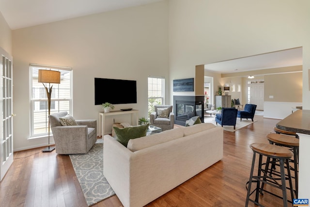 living room featuring wood-type flooring, a towering ceiling, and a multi sided fireplace