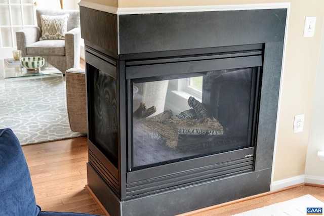 details with a multi sided fireplace and hardwood / wood-style floors