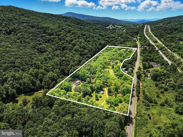  - aerial view of property and surrounding area featuring property parcel outlined, a forest, and a mountain backdrop