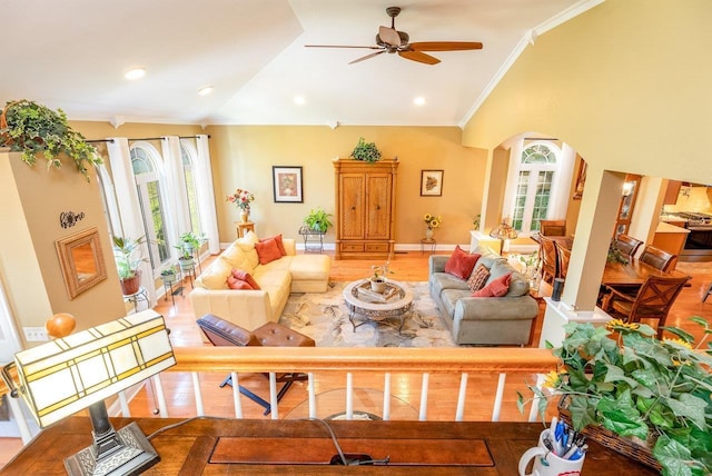 3953 Cavalry Ln, Penn Laird, VA 22846 - living area featuring lofted ceiling, ceiling fan, ornamental molding, and arched walkways