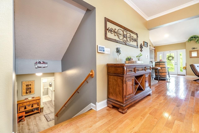 3953 Cavalry Ln, Penn Laird, VA 22846 - hall with an upstairs landing, baseboards, light wood finished floors, and ornamental molding