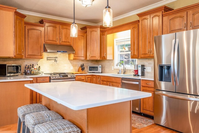 3953 Cavalry Ln, Penn Laird, VA 22846 - kitchen with appliances with stainless steel finishes, under cabinet range hood, a sink, light countertops, and crown molding