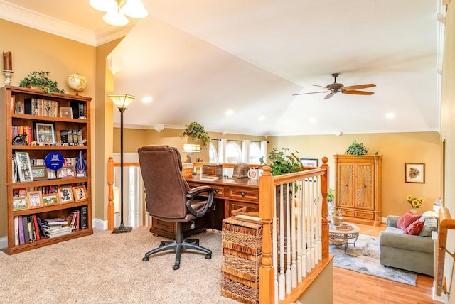 3953 Cavalry Ln, Penn Laird, VA 22846 - office space featuring crown molding, ceiling fan, recessed lighting, and vaulted ceiling