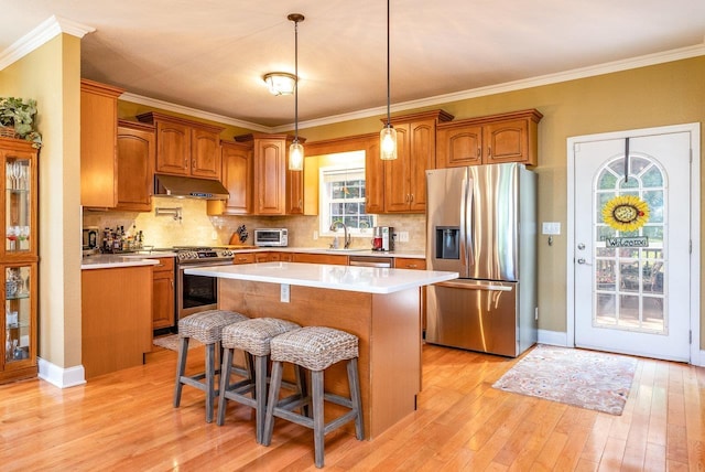 3953 Cavalry Ln, Penn Laird, VA 22846 - kitchen featuring stainless steel appliances, under cabinet range hood, a kitchen island, light countertops, and crown molding