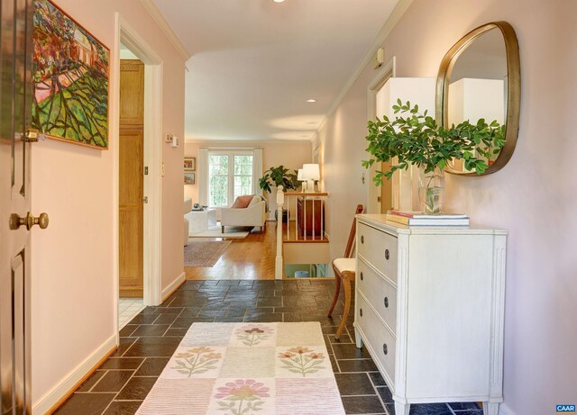 560 Worthington Dr, Charlottesville, VA 22903 - hallway featuring an upstairs landing, stone tile floors, and baseboards