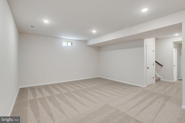 35607 Pine Needle Ln, Locust Grove, VA 22508 - below grade area featuring carpet, baseboards, recessed lighting, and stairs
