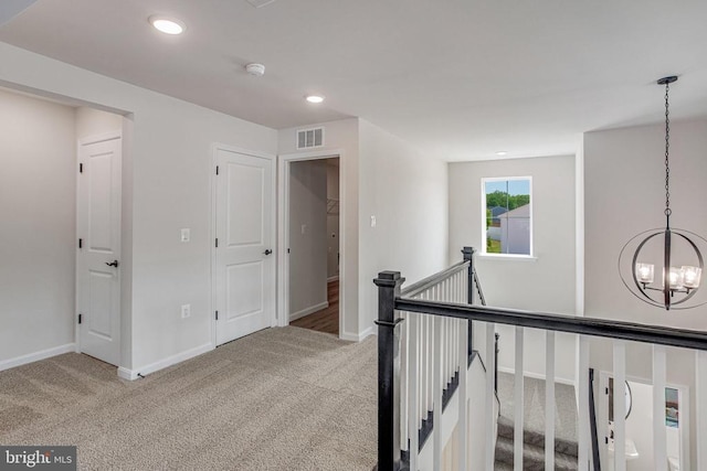 35607 Pine Needle Ln, Locust Grove, VA 22508 - hall with an upstairs landing, carpet, a chandelier, baseboards, and recessed lighting