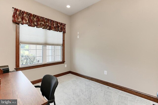  - carpeted office space with baseboards and recessed lighting