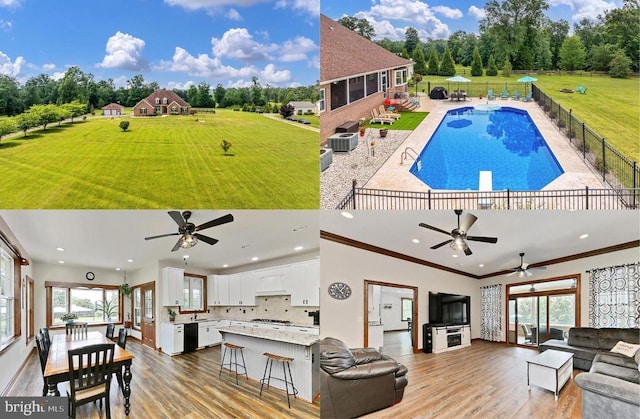 - living room with ceiling fan, wood finished floors, recessed lighting, crown molding, and view of wooded area