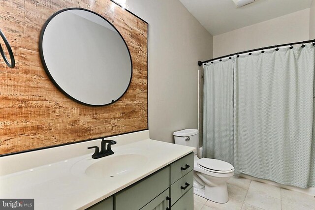  - full bath with wood walls, vanity, tile patterned flooring, and shower / bath combination with curtain