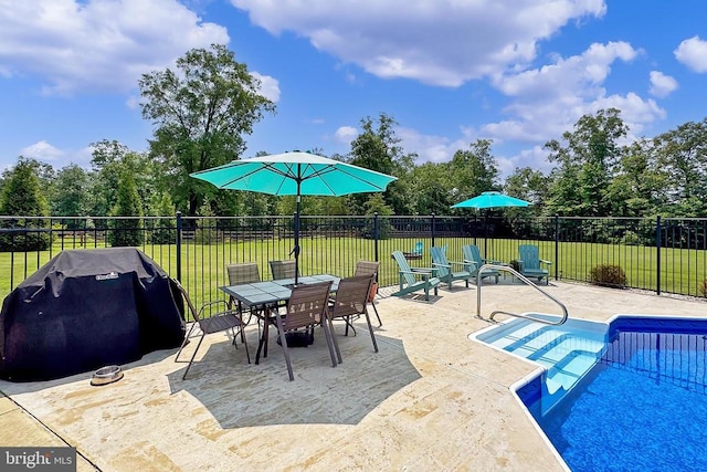  - view of pool with grilling area, a patio area, outdoor dining area, and view of scattered trees