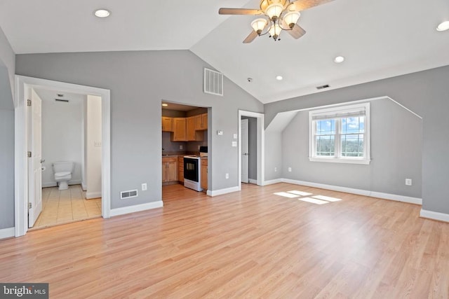 unfurnished living room featuring ceiling fan, lofted ceiling, light wood-style flooring, recessed lighting, and baseboards