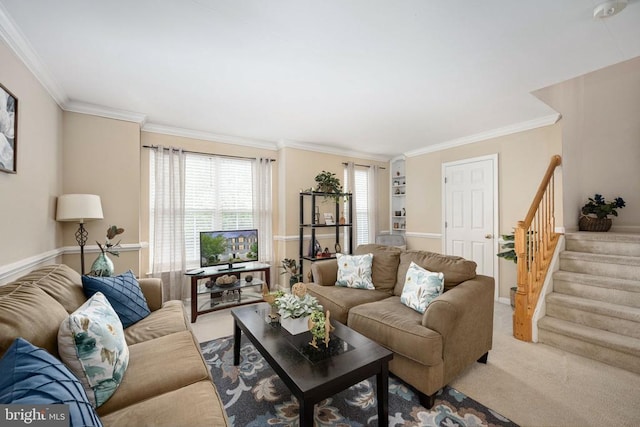 7207 Finch Ln, Fredericksburg, VA 22407 - living room with carpet floors, stairway, and crown molding