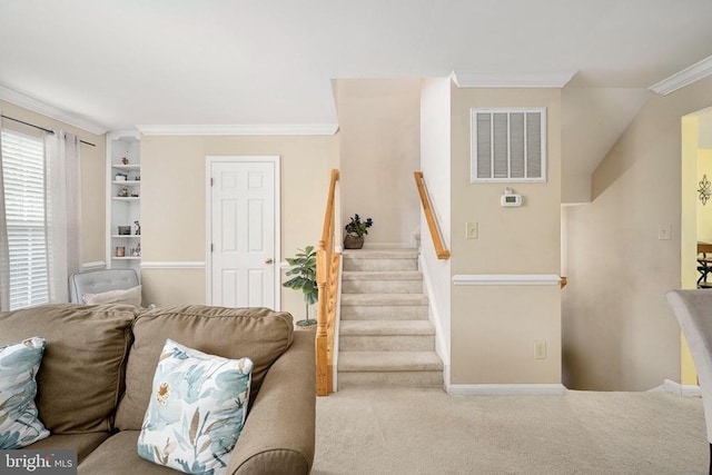 7207 Finch Ln, Fredericksburg, VA 22407 - stairs with crown molding, carpet flooring, and baseboards