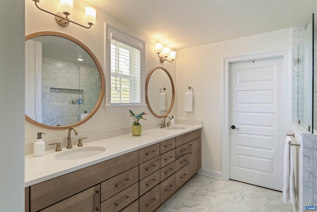 4017 Marie Curie Ct, Charlottesville, VA 22902 - full bathroom featuring marble finish flooring, a tile shower, and double vanity