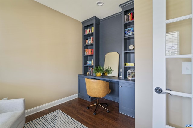 4017 Marie Curie Ct, Charlottesville, VA 22902 - office space featuring built in desk, dark wood-type flooring, baseboards, and built in shelves