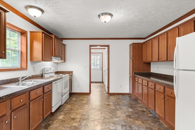 4767 Ox Rd S, Edinburg, VA 22824 - kitchen with white appliances, under cabinet range hood, brown cabinetry, dark countertops, and stone finish floors