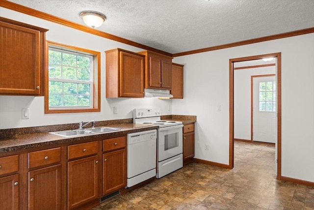 4767 Ox Rd S, Edinburg, VA 22824 - kitchen featuring white appliances, under cabinet range hood, dark countertops, brown cabinetry, and a textured ceiling