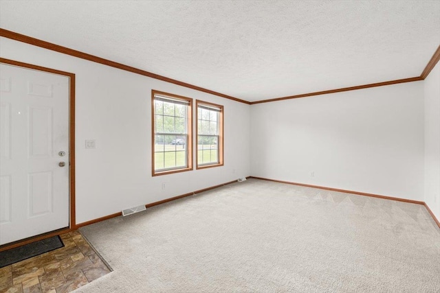 4767 Ox Rd S, Edinburg, VA 22824 - entrance foyer featuring ornamental molding, light colored carpet, light stone finish flooring, and a textured ceiling