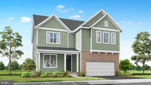 11796 Wales Dr, Fredericksburg, VA 22407 - view of front of house featuring board and batten siding, a shingled roof, stone siding, an attached garage, and asphalt driveway
