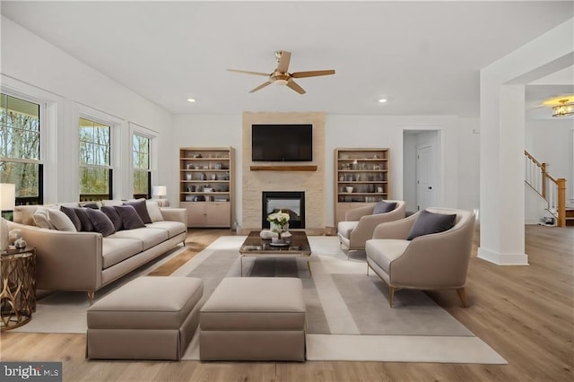 465 Glenmore Ln Lot 30, Keswick, VA 22947 - living area with a ceiling fan, a large fireplace, wood finished floors, recessed lighting, and baseboards