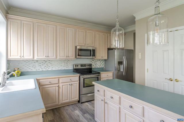 1875 Clay Dr, Crozet, VA 22932 - kitchen with appliances with stainless steel finishes, wood finished floors, decorative backsplash, ornamental molding, and light countertops