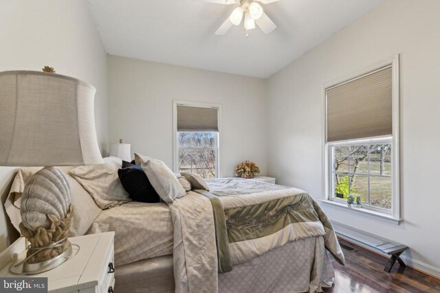 bedroom with multiple windows, wood finished floors, baseboards, and a ceiling fan