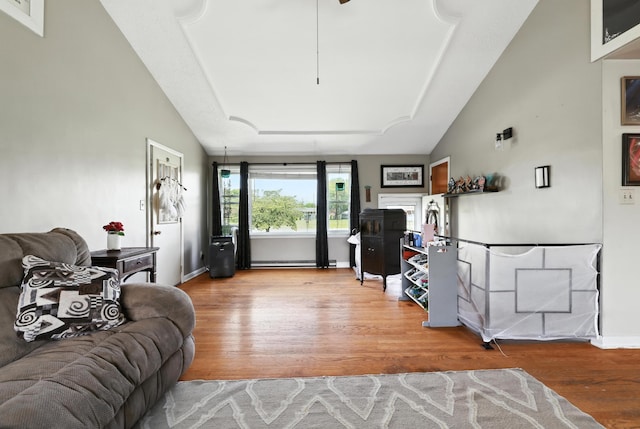5226 Dogwood Dr, Mount Jackson, VA 22842 - living area featuring wood finished floors, vaulted ceiling, and baseboard heating