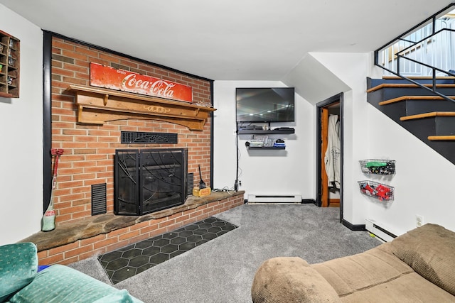 5226 Dogwood Dr, Mount Jackson, VA 22842 - carpeted living room featuring baseboard heating, stairs, and a brick fireplace
