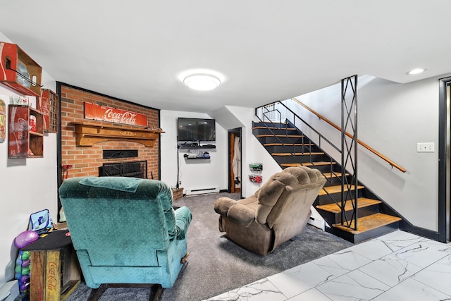 5226 Dogwood Dr, Mount Jackson, VA 22842 - living area featuring stairway, a brick fireplace, marble finish floors, and baseboard heating