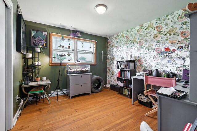 5226 Dogwood Dr, Mount Jackson, VA 22842 - home office featuring wallpapered walls, wood finished floors, baseboard heating, and an accent wall