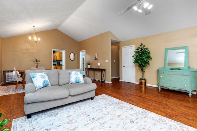 88 Ashleigh Dr, Waynesboro, VA 22980 - living area with a chandelier, lofted ceiling, wood finished floors, ceiling fan, and baseboards