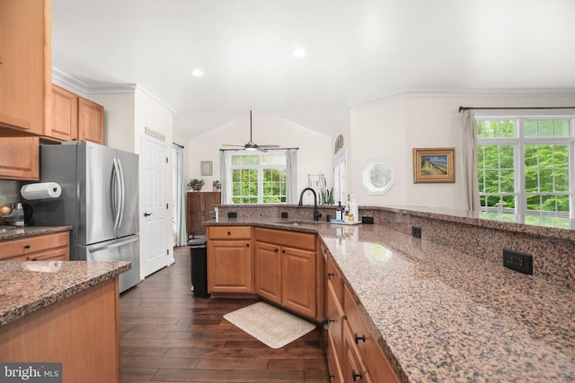  - kitchen with dark wood-style flooring, a sink, crown molding, light stone countertops, and ceiling fan