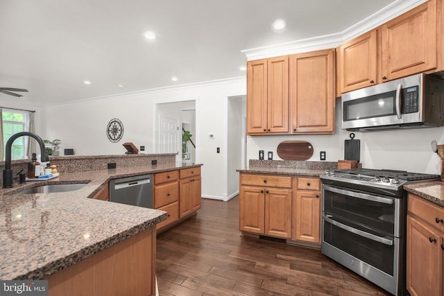  - kitchen with stainless steel appliances, a sink, dark stone counters, dark wood-type flooring, and crown molding