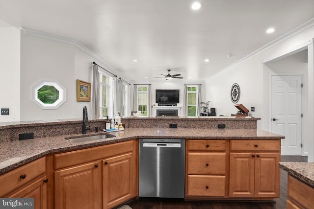  - kitchen with stainless steel dishwasher, a sink, ceiling fan, dark stone counters, and open floor plan