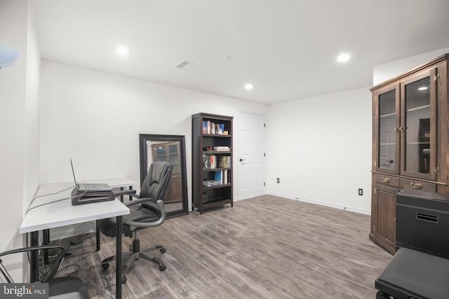  - office featuring wood finished floors, recessed lighting, and baseboards