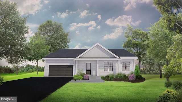 - modern inspired farmhouse with a garage, a front yard, and asphalt driveway