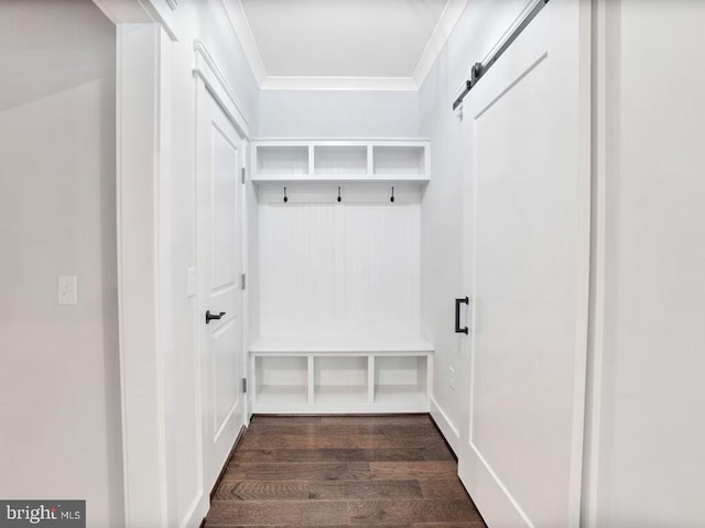 150 Winchester Trl, Mineral, VA 23117 - mudroom featuring dark wood finished floors, ornamental molding, and a barn door