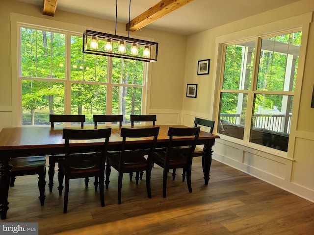150 Winchester Trl, Mineral, VA 23117 - dining space featuring beamed ceiling, a decorative wall, dark wood-type flooring, plenty of natural light, and wainscoting