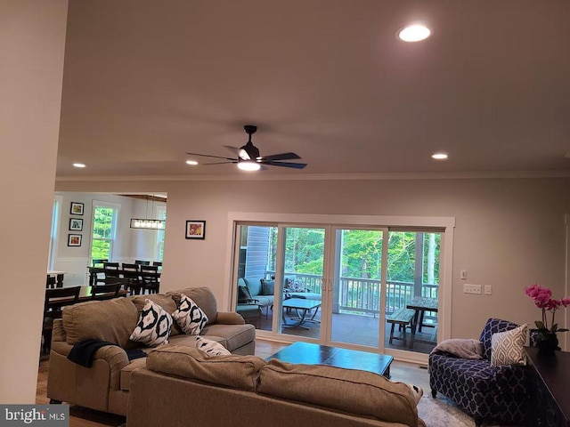 150 Winchester Trl, Mineral, VA 23117 - living room featuring crown molding, ceiling fan, recessed lighting, and light wood-style flooring