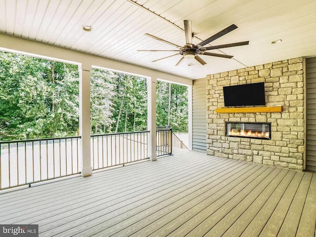 150 Winchester Trl, Mineral, VA 23117 - wooden deck with a ceiling fan and a stone fireplace