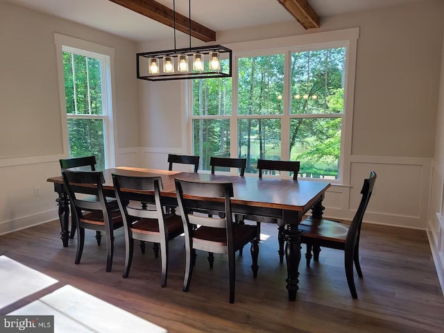150 Winchester Trl, Mineral, VA 23117 - dining room featuring a decorative wall, beamed ceiling, dark wood finished floors, and a wainscoted wall