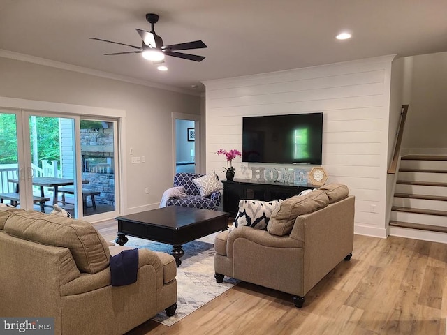150 Winchester Trl, Mineral, VA 23117 - living area featuring light wood-type flooring, crown molding, stairs, a ceiling fan, and recessed lighting