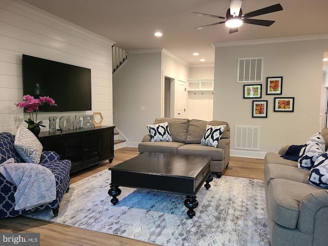 150 Winchester Trl, Mineral, VA 23117 - living room featuring wood finished floors, ornamental molding, a ceiling fan, recessed lighting, and wood walls