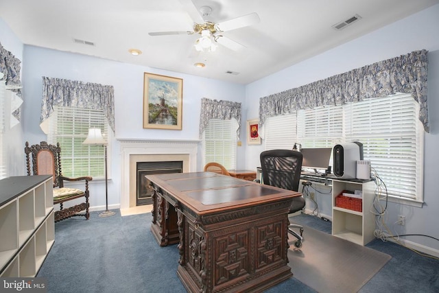 4204 Stonehaven Way, Fredericksburg, VA 22408 - carpeted office featuring a ceiling fan, plenty of natural light, and a fireplace