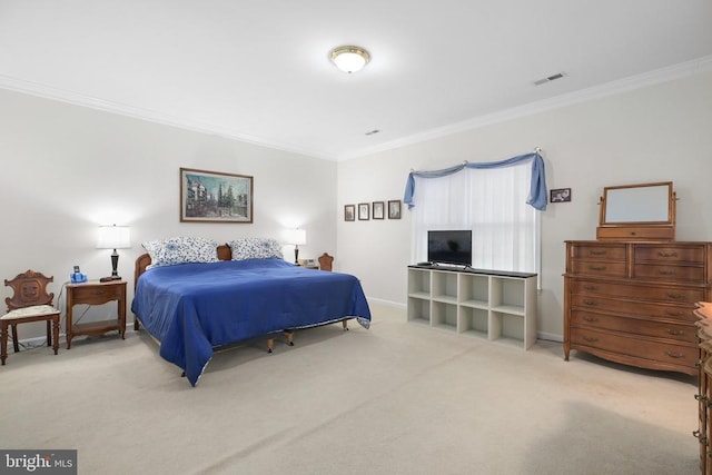 bedroom featuring crown molding, carpet floors, and baseboards