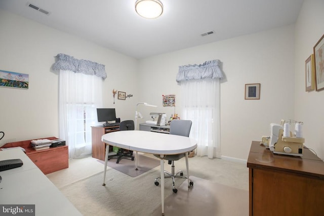 office area featuring light carpet
